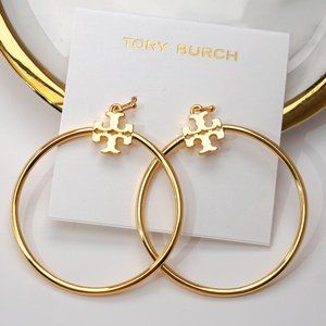 Tory Burch Stacked-T Logo Hoop Earrings (18K GOLD PLATING) (NWT)